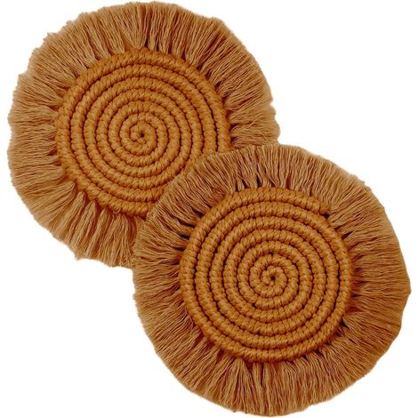 Set de 2 sous-verres boho de 7,4 pouces, sous-verres absorbants mignons pour bureau, sous-verres en macramé tissé artisanaux style ferme pour tasses et mugs - Décoration maison, cadeau de pendaison de (1/4)