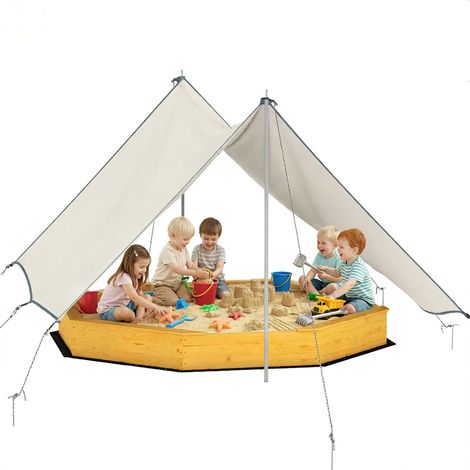 Sandkasten aus Holz mit integrierter Abdeckung und Bänken, Kinderspielplatz im Freien mit wasserfestem Boden, leuchtend gelb