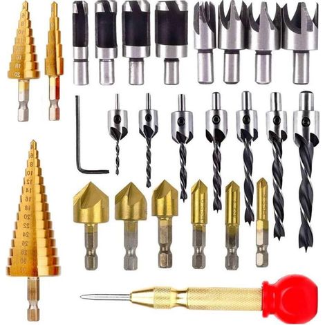 Set di utensili per la foratura del legno, composto da 6 punte coniche + 7 punte a tre punte con chiave a L + 8 punte per legno + 3 punte a gradini