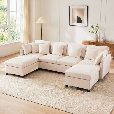 Canapé modulaire convertible en U ou L, 4 à 6 places, beige, en chenille DESVIAE (1/5)