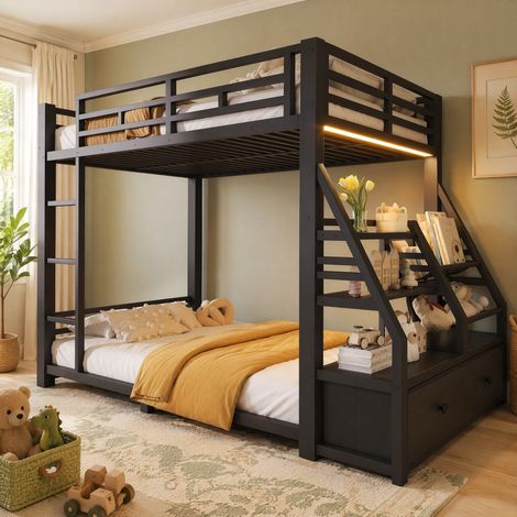 Lit superposé enfant 90x200 cm en métal noir, gain de place pour chambre, sans matelas FloraGrace (1/5)