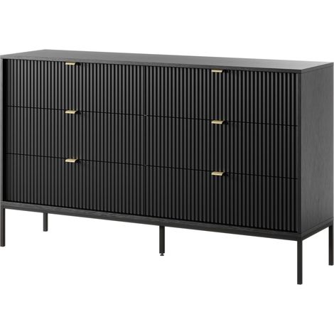 Cassettiera: 6 cassetti, Nero, gambe nere, 154 x 39 x 83 cm, maniglie dorate (1/5)