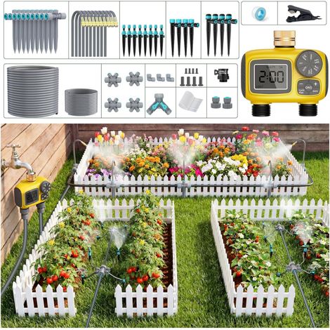 52 M Automatique Goutte à Goutte Kit D’irrigation Complet Avec Programmateur Pour Jardin, Système D'arrosage Automatique avec 2 Sorties D'eau et Des Types de Goutteurs pour Pelouse/Patio (1/5)
