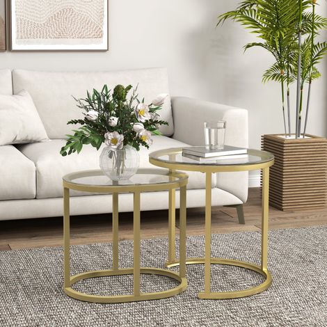 2er-Set Couchtisch, Ovaler und runder Kaffeetisch, stapelbar, Stahl, Ø50 x 50,5H cm, Gold