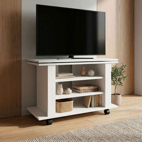 Meuble TV 3 niches 78x38x51 cm plateau rotatif à 360° décor blanc (1/5)