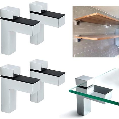 Lot de 4 supports d'étagère réglables en bois/verre, alliage de zinc poli chromé pour étagère de 3 à 30 mm d'épaisseur (1/5)