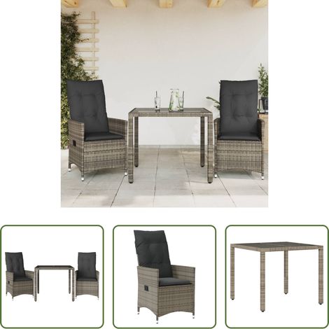 Gartentisch -  3-tlg. Bistro-Set mit Kissen Grau Poly Rattan (1/5)
