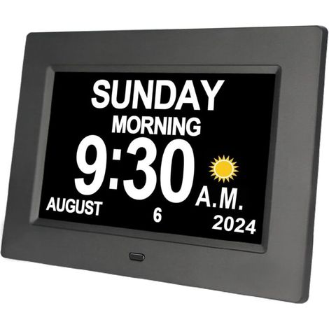 Calendario digitale da 7 pollici, orologio multifunzione con visualizzazione della data, regolazione automatica della luminosità e pulsante o telecomando per l'ora legale, nero -Crezuo