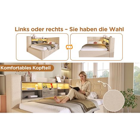 Cama 90x190 cm de lino beige con LED y almacenaje, sin colchón, para espacio reducido – MEUBLIV (1/5)
