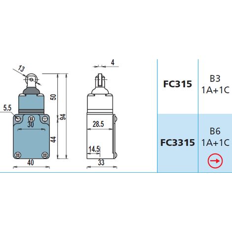 FC315 1NA + 1NC Interruttore di Posizione a pistoncino con rotella Finecorsa