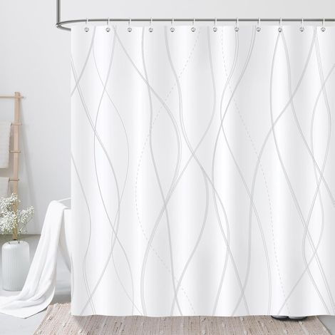 Rideau de Douche Rayures Modernes, Rideau de Baignoire Blanc Gris Rayé 180 x 180 cm Polyester Imperméable Résistant à la Moisissure 12 Crochets (1/5)