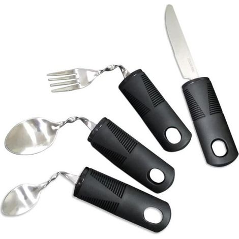 Cubiertos adaptados, 4 piezas, Cubiertos gruesos, Cubiertos flexibles, Cubiertos con agarre, Flexibles, Parkinson, Ancianos, Ayuda, negro (1/5)