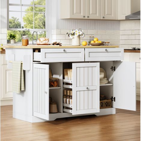 REDOM - Isola da cucina 120x45(70)x92 cm, piano ribaltabile, 4 cassetti, vano laterale, ruote bloccabili, MDF naturale e bianco (1/5)