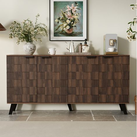Credenza 160,5/35,5/78 cm effetto legno scuro con 4 ante e ripiani regolabili (1/5)
