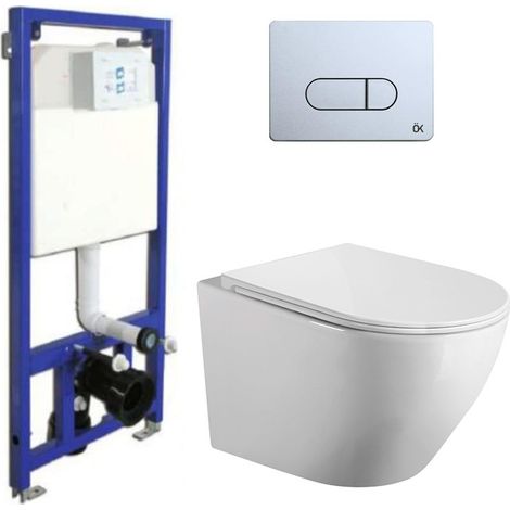 Pack wc ok Suspendido  Blanco Brillo  Rimless con Cisterna Empotrada y Pulsador Cromo (1/5)