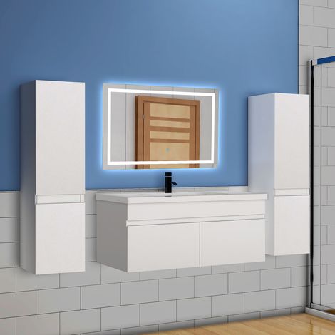 Ocean meuble Salle de Bain avec une vasque + Combinaison colonne rangement + Un miroir de 90x60 cm