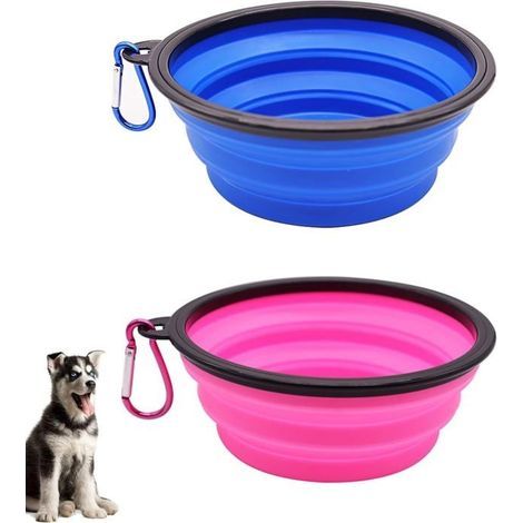 (Couleur:2 pièces/bleu et rose)Gamelle d'eau pliable de voyage pour chien, chat et animal domestique en silicone avec mousqueton amélioré (2 pièces/bleu et rose) (1/5)