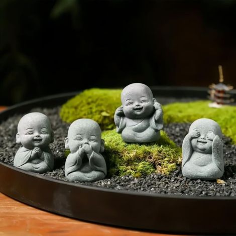 Lot de 4 Figurine Bouddha Cartoon avec Bonsaï de Sable Bluestone – Ornement Zen Jardin & Décoration Extérieure, Sculpture Effet Pierre (1/5)
