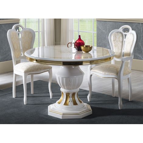 Les Tendances – Table à manger ronde extensible 110-160cm – Bois laqué brillant blanc et doré – 6 à 10 places – Fabrication italienne (1/3)