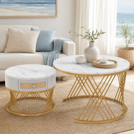 Mesa baja redonda 2 en 1, set de 2 mesas nido, efecto mármol, MDF, blanco y dorado HAVRYA (1/5)
