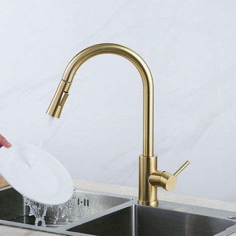 Robinet de Cuisine Orientable 360° Monocommande en Inox Doré, Extensible et Rotatif, Mélangeur Eau Chaude/Froide avec Douchette Flexible, Finition Brossée (1/4)