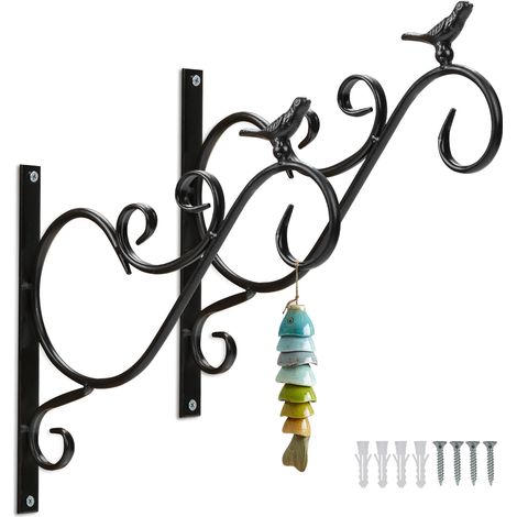 Wolketon Gancio per Cesto Appeso da Balcone - Confezione da 2 - Motivo a Uccello - Supporto a Muro in Metallo Nero per Piante da Esterno