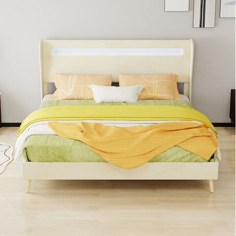 Lit tissu et métal beige 160x200 cm avec tête de lit réglable et éclairage LED (1/5)