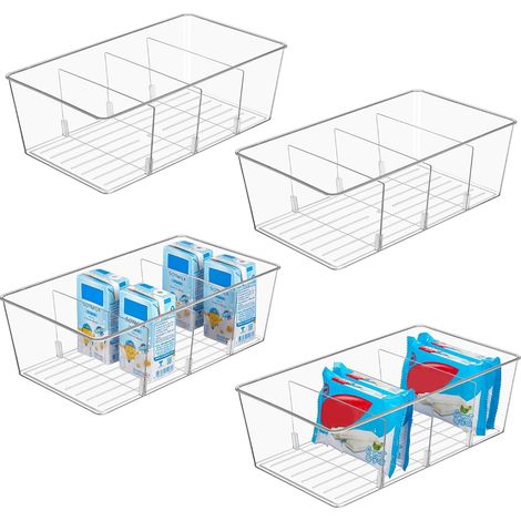 Lot de 4 bacs de rangement en plastique transparent pour l'organisation et le rangement du garde-manger, de la cuisine, du réfrigérateur, de l'armoire, 4 compartiments pour ranger les (1/5)