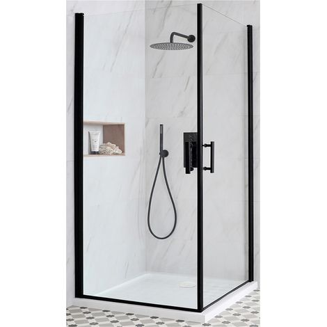 Milano Nero Black Corner Walk In Wet Room Hinged Door Shower Enclosure with White Tray and Fast Flow Waste - 700mm x 700mm (1/5)