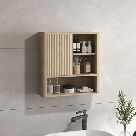 Armoire murale salle de bain avec étagères réglables, porte coulissante et étagères ouvertes, bois naturel (1/5)