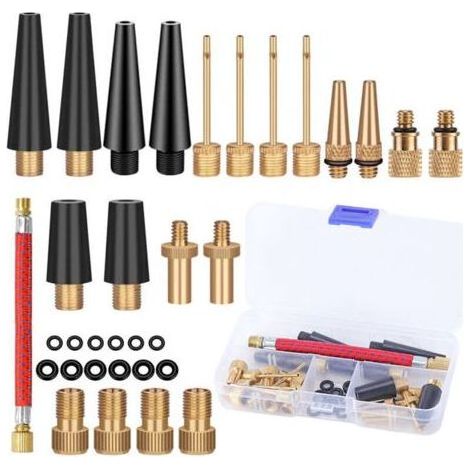 Lntyq 33 Pièces Embout Pompe Velo Gonfleur Ballon, Adaptateur de Valve avec Tuyau de Gonflage, pour Vélo, DV SV AV Adaptateur Pompe Velo avec Boîte de Rangement, Pompe à Vélo et Compresseurs (1/4)