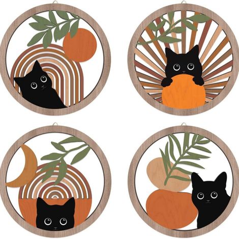 Lot de 4 décorations murales en bois de style bohème - Décoration murale vintage en forme de chat - Art minimaliste pour salon, ferme (1/5)