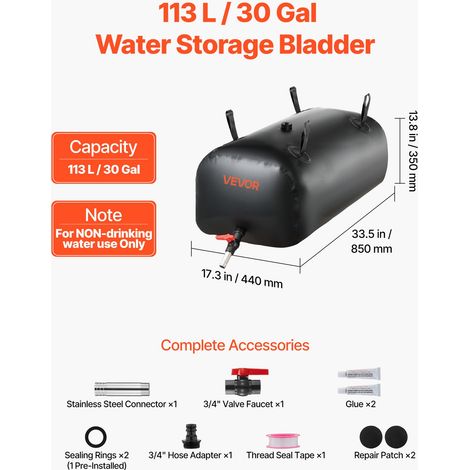 Réservoir d'Eau Souple 113 L Vessie de Stockage Eau Pliable Sac Conteneur Eau PVC 1000D pour Irrigation de Jardin, Camping, Camping-car, Utilisation Extérieur, Stockage Urgence, Résistant, Noir (1/5)