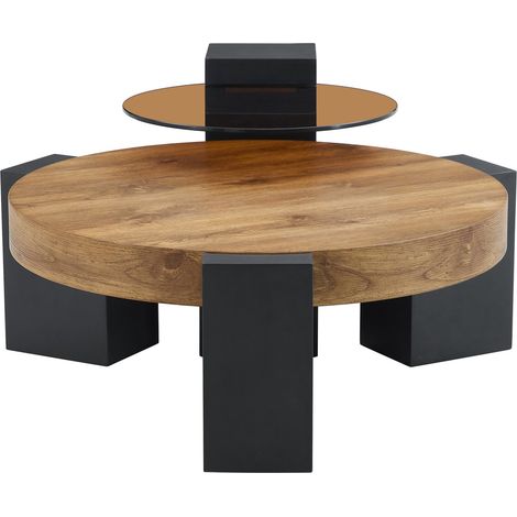 Table basse ronde à deux niveaux en verre et MDF, design modulable avec petit meuble d’appoint séparé, format pratique pour salon et petit espace CHICFURN (1/5)
