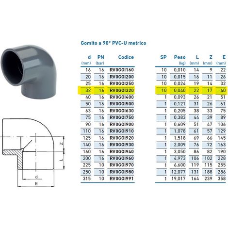 Gomito a 90° PVC-U metrico ø32 PN16 per incollaggio INPFGO132000 - -  IRRITEC - -