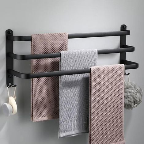 Porte-Serviettes Mural avec 2 Crochets Porte Serviettes Salle de Bain Etagères Serviette en Aluminium Noir 3 Couche 30cm (1/5)