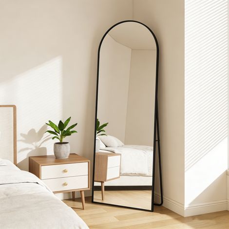 Miroir sur Pied Grand, 164 x 54cm, Grand Miroir Mural, Miroir de Sol Pleine Longueur, verre trempé, pour Chambre Salon Entree, Noir