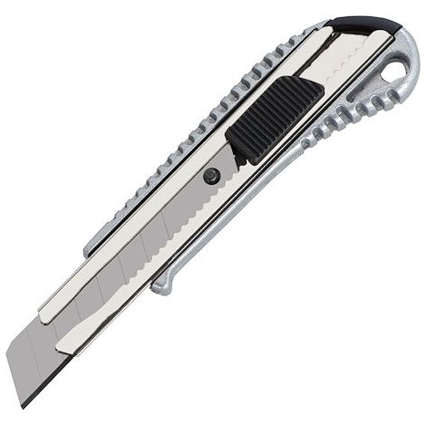 Cutter professionnel 18 mm pour coupe précise – Lame acier inoxydable – Corps métal strié avec grip caoutchouc antiglisse