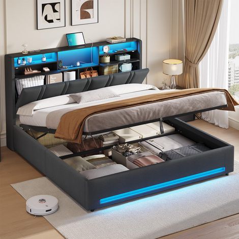Lit 180x200 Entièrement Rembourré avec Sommier LED et Station de Charge USB-C – Lit Coffre Hydraulique 30cm, Tête de lit avec Prises AC+USB, Cadre à Lattes pour 2 Personnes, sans Matelas (1/5)