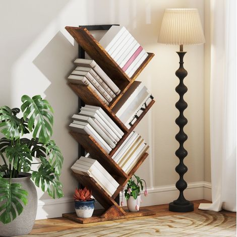 Bibliothèque étagère 50x24x109 cm en bois marron rustique, gain de place pour bureau FloraGrace (1/5)