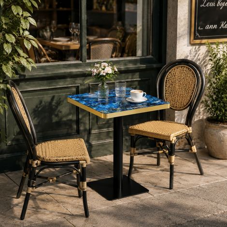 Tavolo da pranzo quadrato 60x60x74 cm, effetto marmo, bordo dorato, struttura in MDF e metallo blu (1/5)