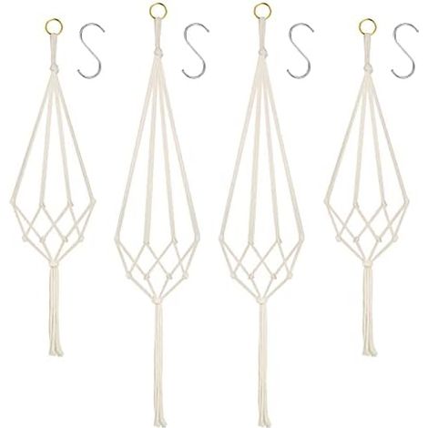 Set di 4 portavasi sospesi in macramè, supporto per vasi da fiori sospesi, appendi piante in macramè, portavaso sospeso realizzato in corda di cotone, decorazione per interni con 4 ganci per appendere (1/5)