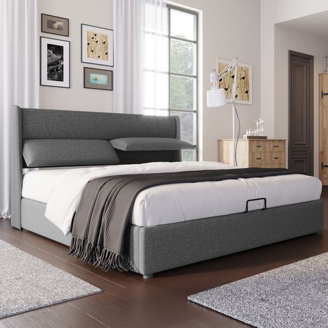 Gepolstertes Doppelbett 160x200 cm, Doppelbett mit verstellbarem Kopfteil, integriertem Stauraum, atmungsaktivem Leinenstoff und Lattenrost, Grau