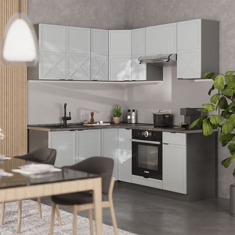 Cucina angolare completa Fame-Line, Azzurro-grigio/antracite, 160 x 60 cm senza piano di lavoro, Vicco