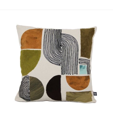 Coussin brodé motif géométrique en coton Kaki 45x45 cm (1/2)