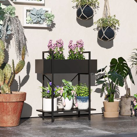 CHICFURN Soporte para plantas de 2 niveles 60 x 25 x 70 cm de metal negro (1/5)