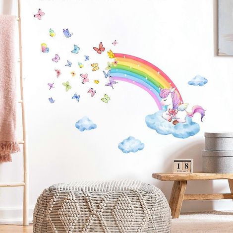 Stickers muraux, autocollants muraux arc-en-ciel licorne papillon nuage, décoration murale pour chambre de bébé ou salon (Flickr). (1/4)