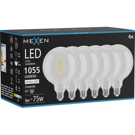 Mexen Vintis 6x Ampoule LED filament E27, G125, 8W, Neutre - 4000K, 1055 lm, clair - L158-E27-0840-00x06 (1/5)