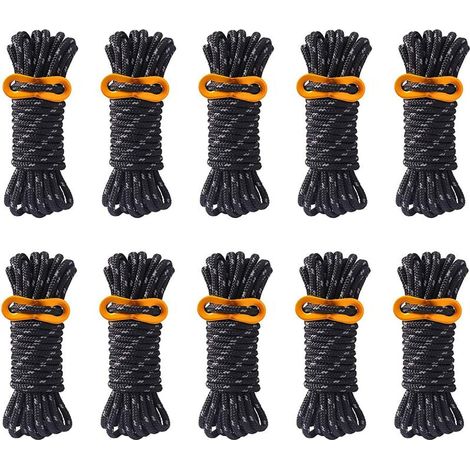 Lot de 10 cordes de camping réfléchissantes de 4 mm avec tendeurs de tendeur en aluminium pour tente de randonnée, bâche, abri d'auvent (noir) (1/5)