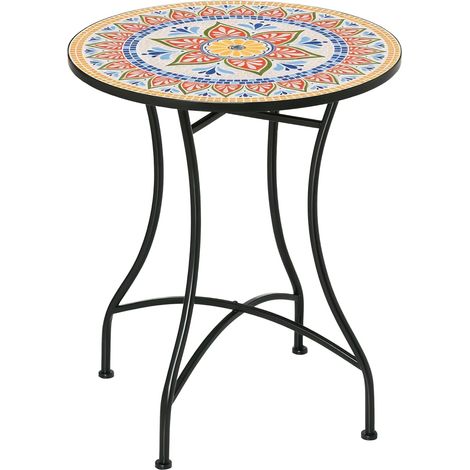 Table de jardin, table mosaïque, table bistro ronde, table d'appoint avec plateau en mosaïque, céramique, métal, rouge, bleu et blanc, Ø 60 cm